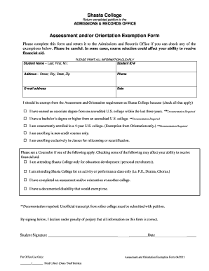 Shasta College Assessment and Orientation Exemption Form