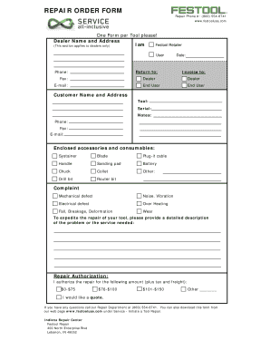 Festool Tool Repair Order Form