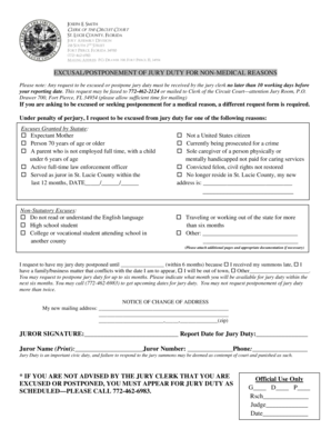 Florida Jury Duty Excusal/Postponement Form