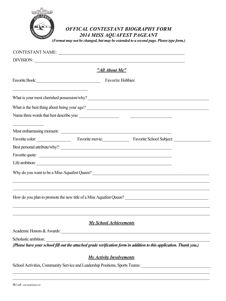 Beauty Pageant Biography Examples - Fill Online, Printable Regarding Free Bio Template Fill In Blank