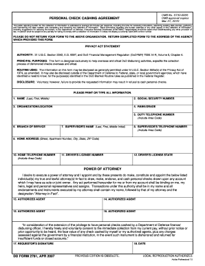 Personal Check Cashing Agreement