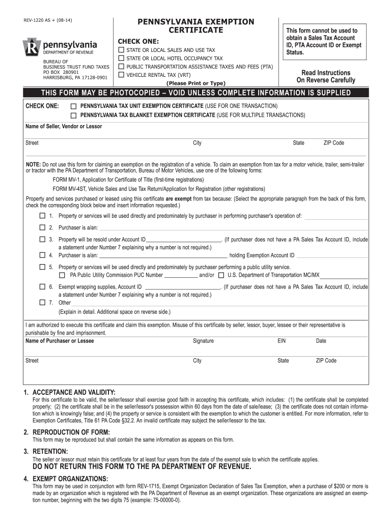 2014 Form PA DoR REV 1220 AS Fill Online Printable Fillable Blank 