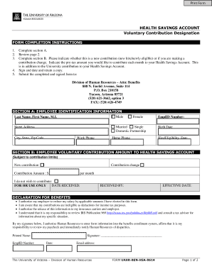 University of Arizona Health Savings Account Contribution Form