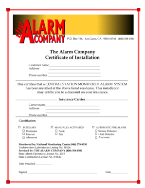 Certificate of Alarm System Installation
