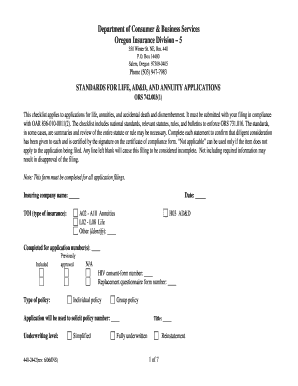 Oregon Life, AD&D, and Annuity Application Standards Checklist