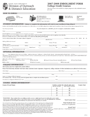 Texas Tech University College Credit Course Enrollment Form