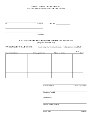 Pro Se Litigant Request for Issuance of Summons