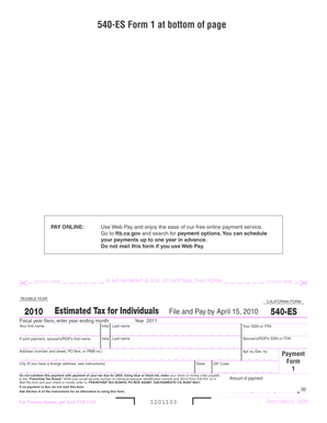 California Form 540-ES 2010 Estimated Tax for Individuals