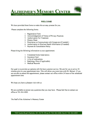 Alzheimer’s Memory Center Patient Registration Form