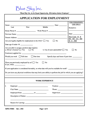 Blue Sky Inc Employment Application