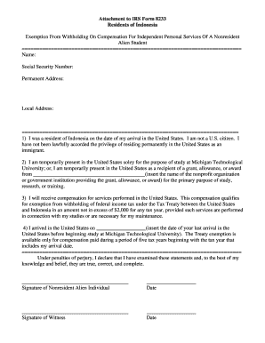 IRS Form 8233 Attachment for Indonesian Students