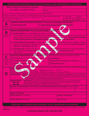 West Virginia Physician Orders for Scope of Treatment (POST) Form