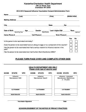 2012-2013 Seasonal Influenza Vaccination Consent Form