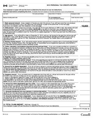 2012 Personal Tax Credits Return TD1