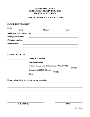 Middlesex County College Change Form