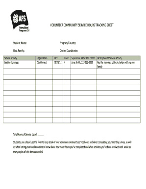 VOLUNTEER COMMUNITY SERVICE HOURS TRACKING SHEET