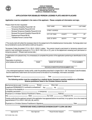 Tennessee Disabled Person License Plate and Placard Application