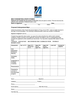 University of Massachusetts Lowell Recommendation Form