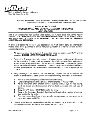 Medical Facilities Professional and General Liability Insurance Application