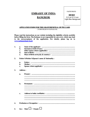 Application Form for Grant/Renewal of PIO Card