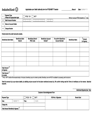 Application cum Debit Authority form for RTGS/NEFT Transfer