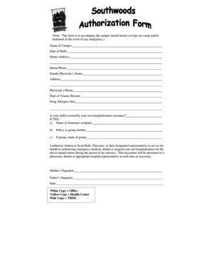 Camper Emergency Medical Authorization Form