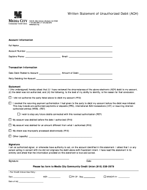 Written Statement of Unauthorized Debit (ACH)