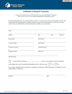 Notification of Disputed Transaction Form