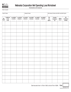 Nebraska Corporation Net Operating Loss Worksheet