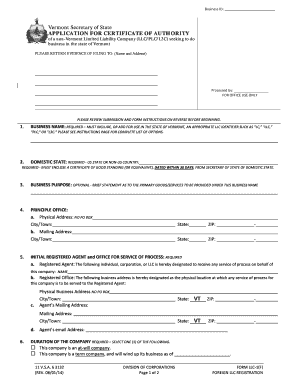 Vermont Foreign LLC Registration Form
