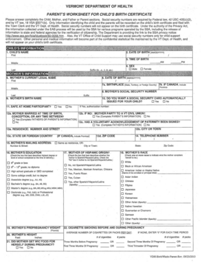 Vermont Child's Birth Certificate Worksheet