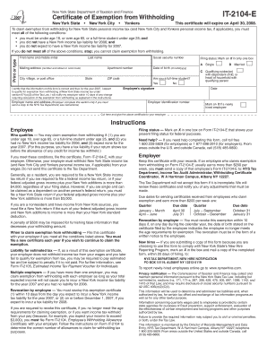 New York State Certificate of Exemption from Withholding IT-2104-E