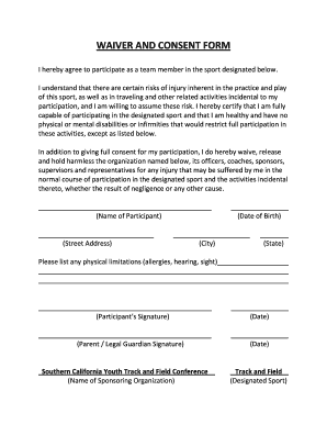Waiver and Consent Form for Youth Track and Field