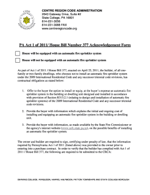 PA Act 1 of 2011 Fire Sprinkler System Acknowledgment Form
