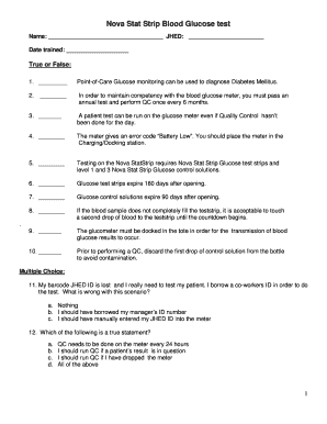 Nova Stat Strip Blood Glucose Test Training Form