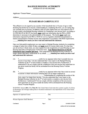 Raleigh Housing Authority Affidavit of No Income
