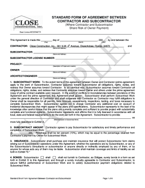 Standard Form of Agreement Between Contractor and Subcontractor