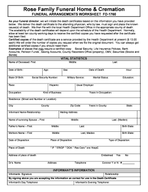 Funeral Arrangements Worksheet FD-1760