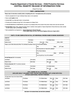 Virginia Central Registry Release of Information Form