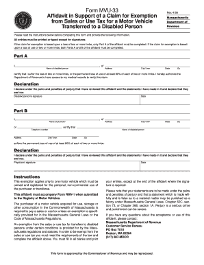 Form MVU-33. Affidavit in Support of a claim for Exemption from Sales for a Vehicle Transferred to a Disabled Person