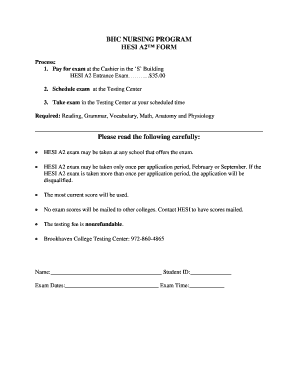 HESI A2 Entrance Exam Form