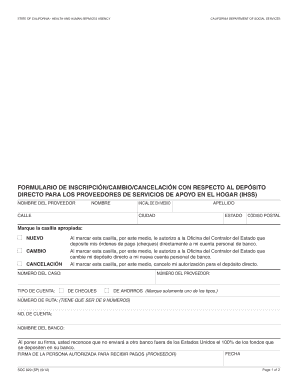 Formulario de Inscripción/Cambio/Cancelación con respecto al Depósito Directo para los Proveedores de Servicios de Apoyo en el Hogar (IHSS)