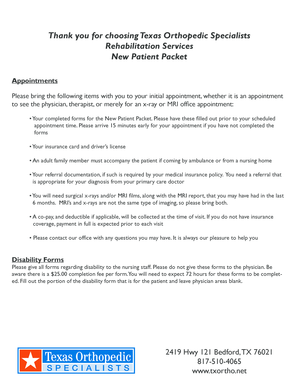 Texas Orthopedic Specialists New Patient Packet