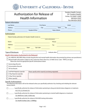 UCI Student Health Information Release Form