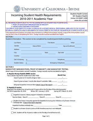Incoming Student Health Requirements Form