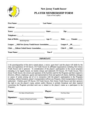 New Jersey Youth Soccer Player Membership Form