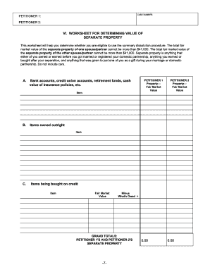 Worksheet for Determining Value of Separate Property