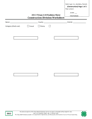 2013 Texas 4-H Fashion Show Construction Worksheet