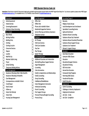 HMIS Standard Service Code List