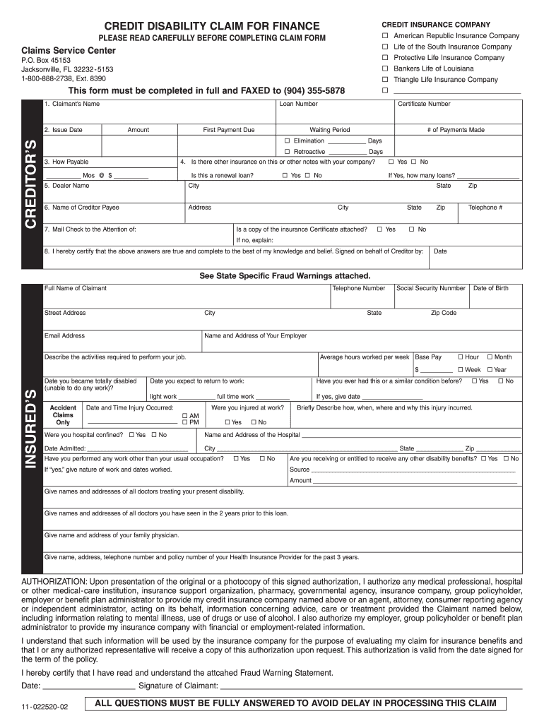 credit disability form Preview on Page 1.